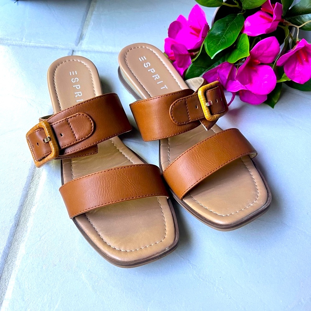 Esprit Brown Leather Slide Sandals with Buckle